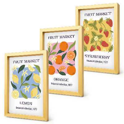 Conjunto de molduras com imagens Cartazes de frutas com limões, laranjas e morangos.