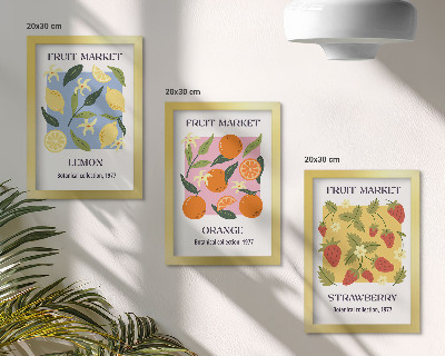 Conjunto de molduras com imagens Cartazes de frutas com limões, laranjas e morangos.