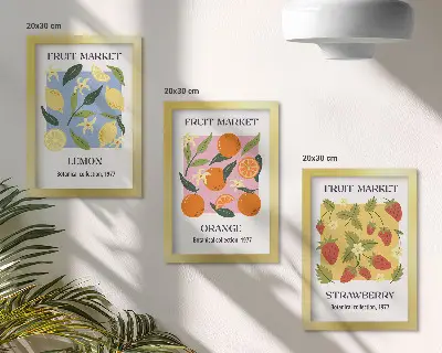 Conjunto de quadros com imagens de frutas com limões, laranjas e morangos