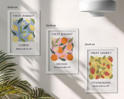 Conjunto de molduras com imagens Cartazes de frutas com limões, laranjas e morangos.