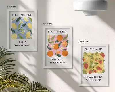 Conjunto de quadros com imagens de frutas com limões, laranjas e morangos