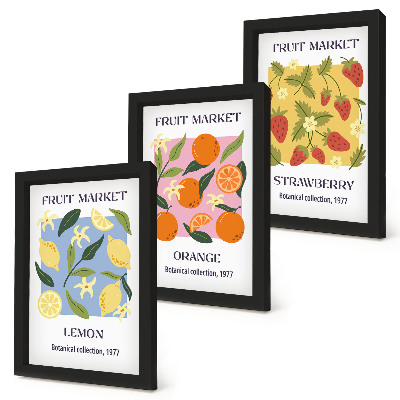 Conjunto de molduras com imagens Cartazes de frutas com limões, laranjas e morangos.