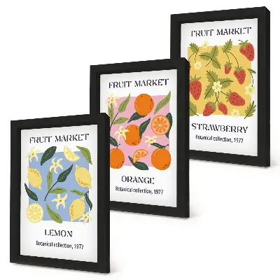 Conjunto de quadros com imagens de frutas com limões, laranjas e morangos