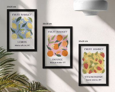 Conjunto de molduras com imagens Cartazes de frutas com limões, laranjas e morangos.