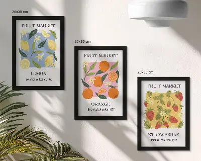Conjunto de quadros com imagens de frutas com limões, laranjas e morangos