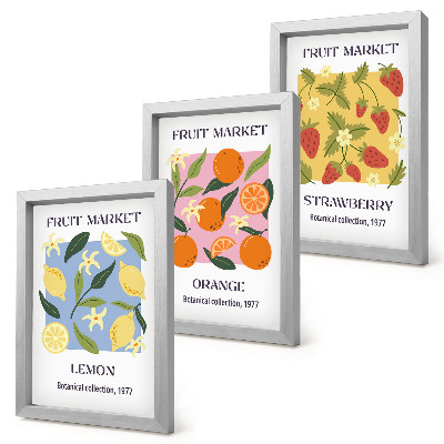Conjunto de molduras com imagens Cartazes de frutas com limões, laranjas e morangos.