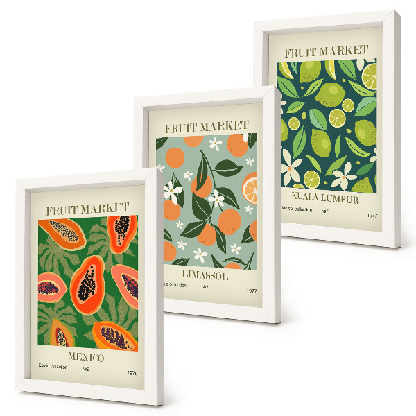 Conjunto de 3 quadros decorativos pôsteres vintage com estampas de frutas