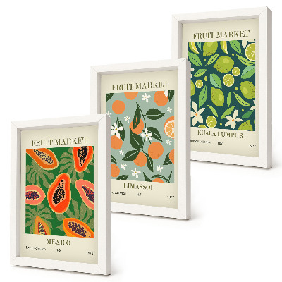 Conjunto de 3 quadros decorativos pôsteres vintage com estampas de frutas