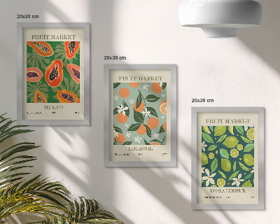 Conjunto de 3 quadros decorativos pôsteres vintage com estampas de frutas