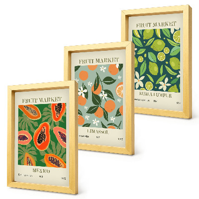 Conjunto de 3 quadros decorativos pôsteres vintage com estampas de frutas
