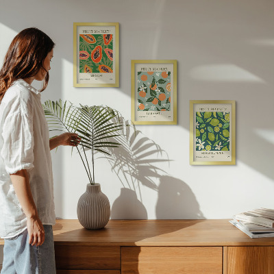 Conjunto de 3 quadros decorativos pôsteres vintage com estampas de frutas