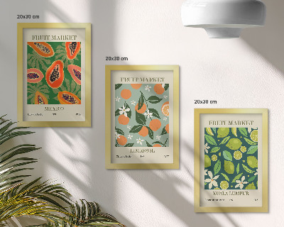 Conjunto de 3 quadros decorativos pôsteres vintage com estampas de frutas