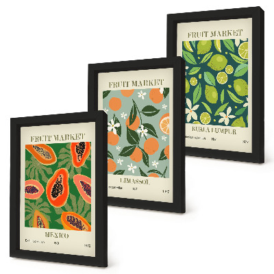 Conjunto de 3 quadros decorativos pôsteres vintage com estampas de frutas