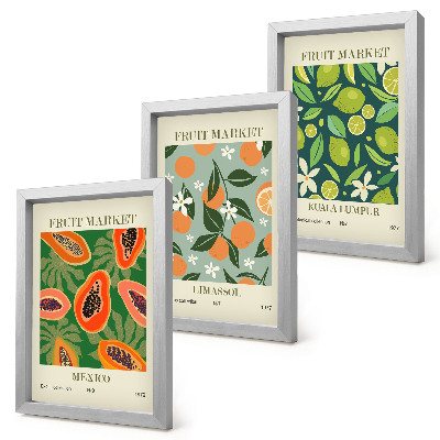 Conjunto de 3 quadros decorativos pôsteres vintage com estampas de frutas