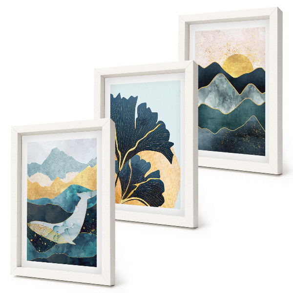 Tríptico com moldura Vistas abstratas e estéticas com montanhas e plantas.