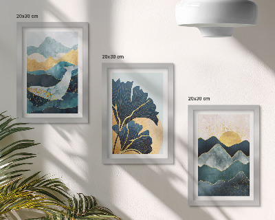 Tríptico com moldura Vistas abstratas e estéticas com montanhas e plantas.