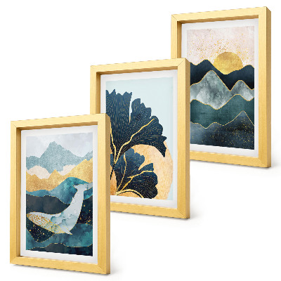 Tríptico com moldura Vistas abstratas e estéticas com montanhas e plantas.