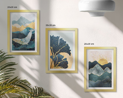 Tríptico com moldura Vistas abstratas e estéticas com montanhas e plantas.