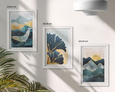Tríptico com moldura Vistas abstratas e estéticas com montanhas e plantas.