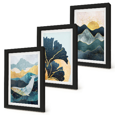 Tríptico com moldura Vistas abstratas e estéticas com montanhas e plantas.