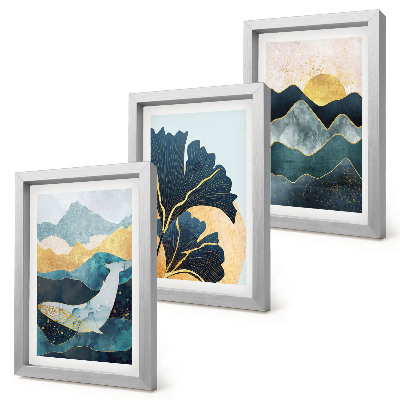 Tríptico com moldura Vistas abstratas e estéticas com montanhas e plantas.