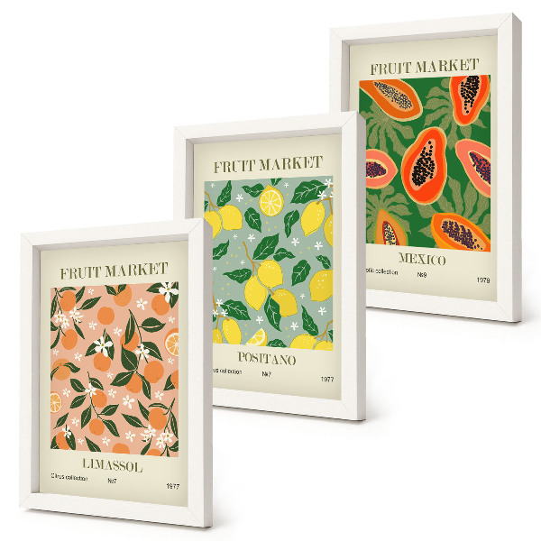 Conjunto de 3 quadros decorativos Frutas cítricas e tropicais em estilo retrô