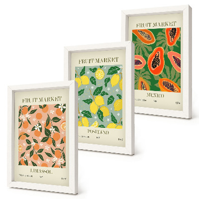Conjunto de 3 quadros decorativos Frutas cítricas e tropicais em estilo retrô