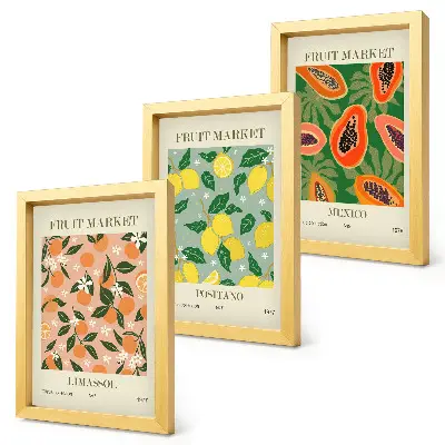 Conjunto de 3 quadros decorativos com estampas de frutas cítricas e tropicais em estilo retrô