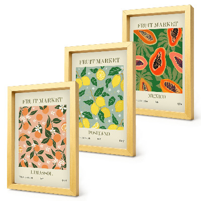 Conjunto de 3 quadros decorativos Frutas cítricas e tropicais em estilo retrô