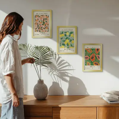 Conjunto de 3 quadros decorativos com estampas de frutas cítricas e tropicais em estilo retrô