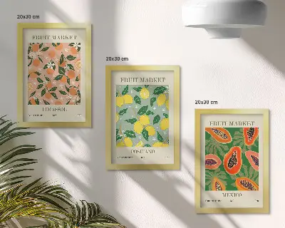 Conjunto de 3 quadros decorativos com estampas de frutas cítricas e tropicais em estilo retrô