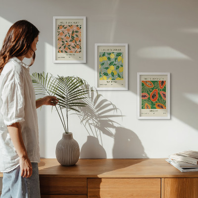 Conjunto de 3 quadros decorativos Frutas cítricas e tropicais em estilo retrô