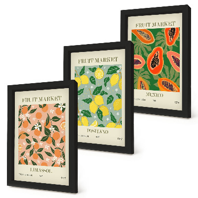 Conjunto de 3 quadros decorativos Frutas cítricas e tropicais em estilo retrô