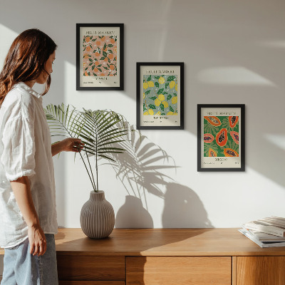 Conjunto de 3 quadros decorativos Frutas cítricas e tropicais em estilo retrô