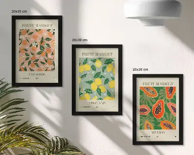 Conjunto de 3 quadros decorativos com estampas de frutas cítricas e tropicais em estilo retrô