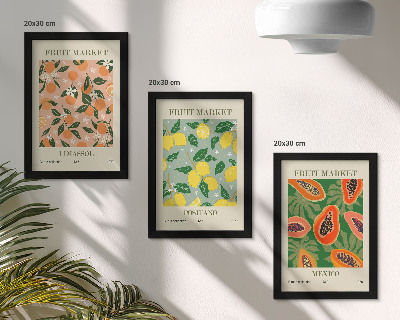 Conjunto de 3 quadros decorativos Frutas cítricas e tropicais em estilo retrô
