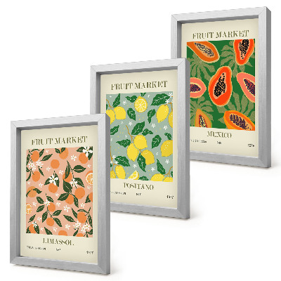 Conjunto de 3 quadros decorativos Frutas cítricas e tropicais em estilo retrô