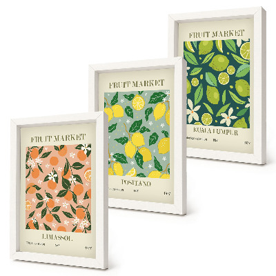 Conjunto de molduras com imagens Padrões frutados com frutas cítricas e flores vintage.