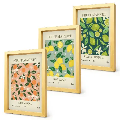 Conjunto de molduras com imagens com padrões frutados de frutas cítricas e flores vintage