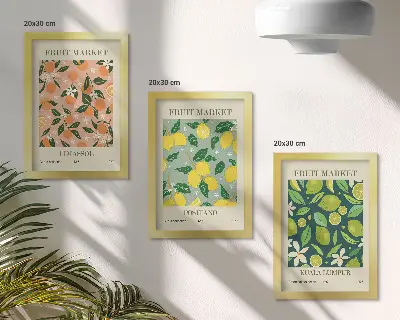 Conjunto de molduras com imagens com padrões frutados de frutas cítricas e flores vintage