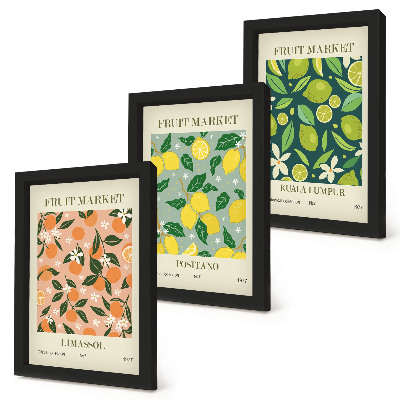 Conjunto de molduras com imagens Padrões frutados com frutas cítricas e flores vintage.