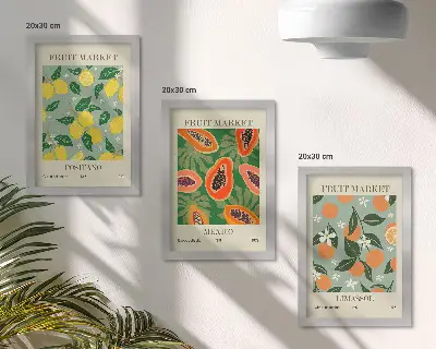 Tríptico com moldura cartazes de frutas com limões, mamões, tangerinas e flores