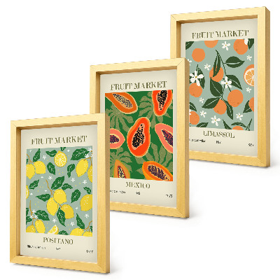 Tríptico com moldura Cartazes de frutas: limões, mamões, tangerinas, flores