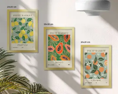 Tríptico com moldura cartazes de frutas com limões, mamões, tangerinas e flores