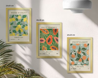 Tríptico com moldura Cartazes de frutas: limões, mamões, tangerinas, flores