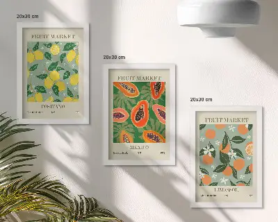 Tríptico com moldura cartazes de frutas com limões, mamões, tangerinas e flores