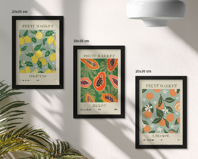 Tríptico com moldura Cartazes de frutas: limões, mamões, tangerinas, flores