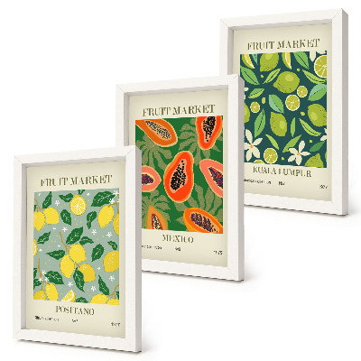 Conjunto de 3 quadros decorativos Padrões frutados de limões, mamões e limas.
