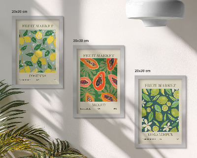 Conjunto de 3 quadros decorativos Padrões frutados de limões, mamões e limas.