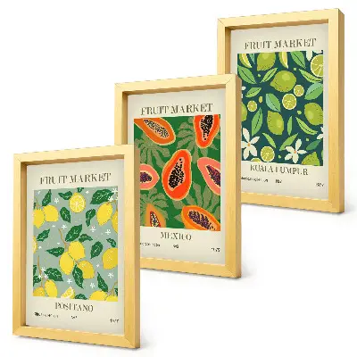 Conjunto de 3 quadros decorativos com padrões frutados de limões, mamões e limas